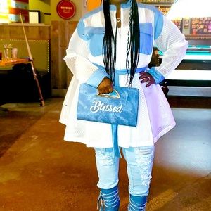 Blue and white see-through zip up shirt jacket